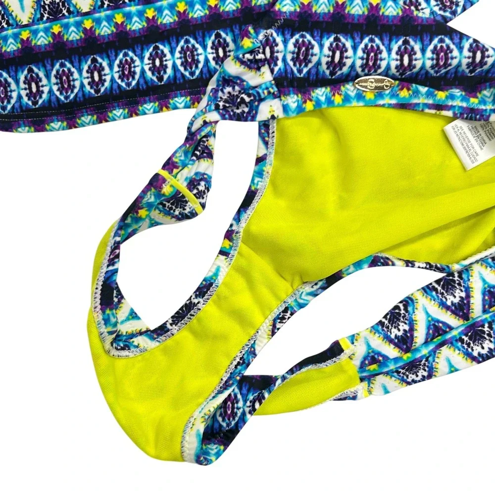 Jessica Simpson Tankini Swimsuit Set L Blue Tribal‎ Print Bandeau Boho Resort